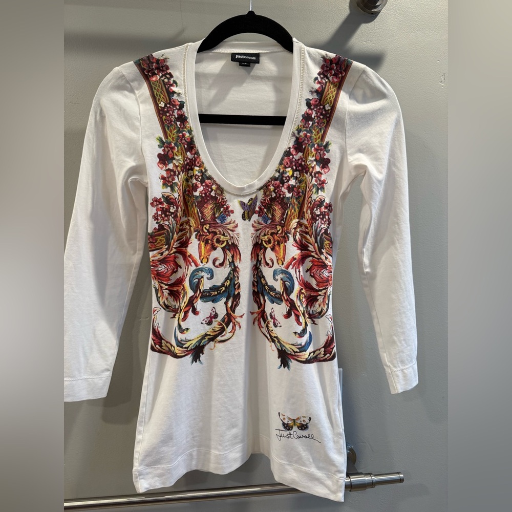 JustCavalli Women's White Floral Top Size XS